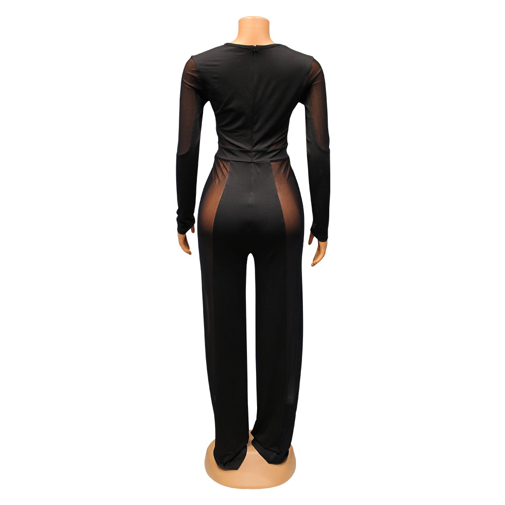 Mamelucos de retazos de malla sexy a la moda para mujer, pantalones acampanados_voghion.com