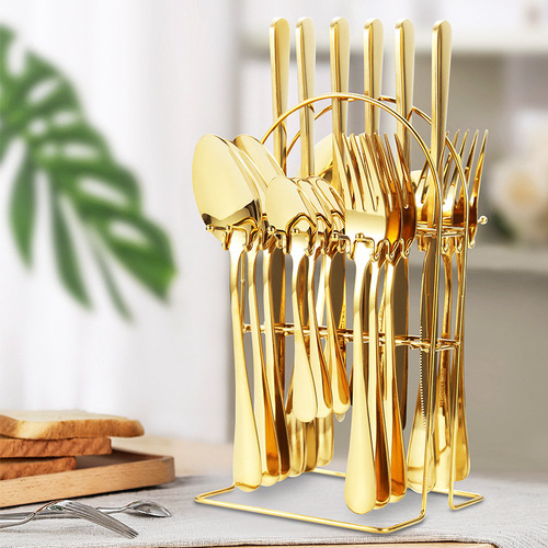 Cross-border stainless steel cutlery set of 24 pieces, gold storage rack, Western-style steak gift box set