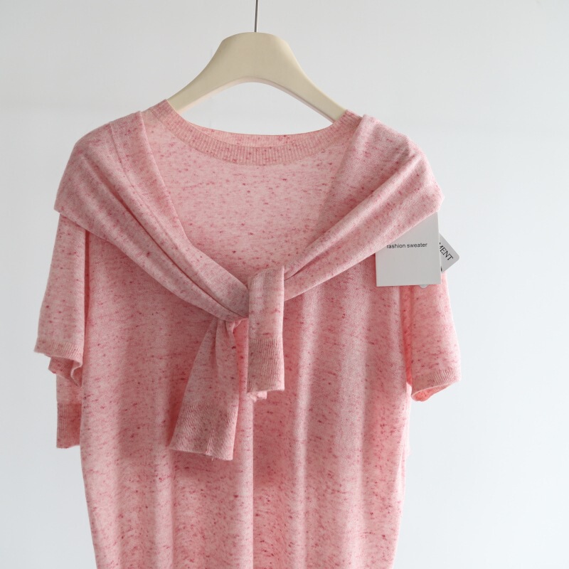 Spring New Colorful Yarn Soft Waxy Skin-Friendly 16-Needle Wool Blended Short Sleeve Pullover Seamless Sweater Top for Women