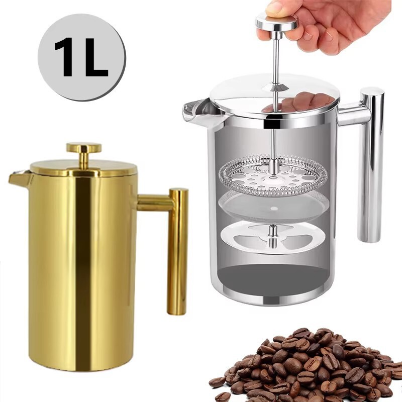 1L French Press Pot Double-Layer Stainless Steel Coffee Pot with Filter Household Press Hand-Pour Pot
