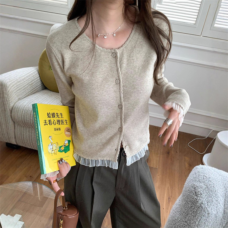 温柔风拼接设计感蕾丝花边针织开衫女秋季新款小个子短款毛衣外套|undefined