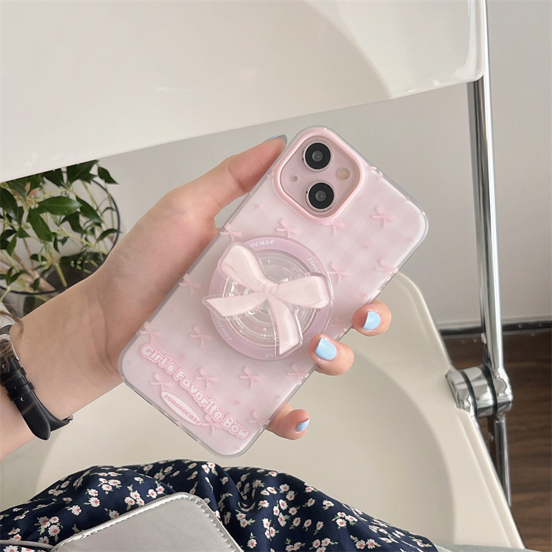Girl ins rosado lazo adecuado para iPhone13 soporte magnético 15ProMax Apple 14P nuevo 12 duro