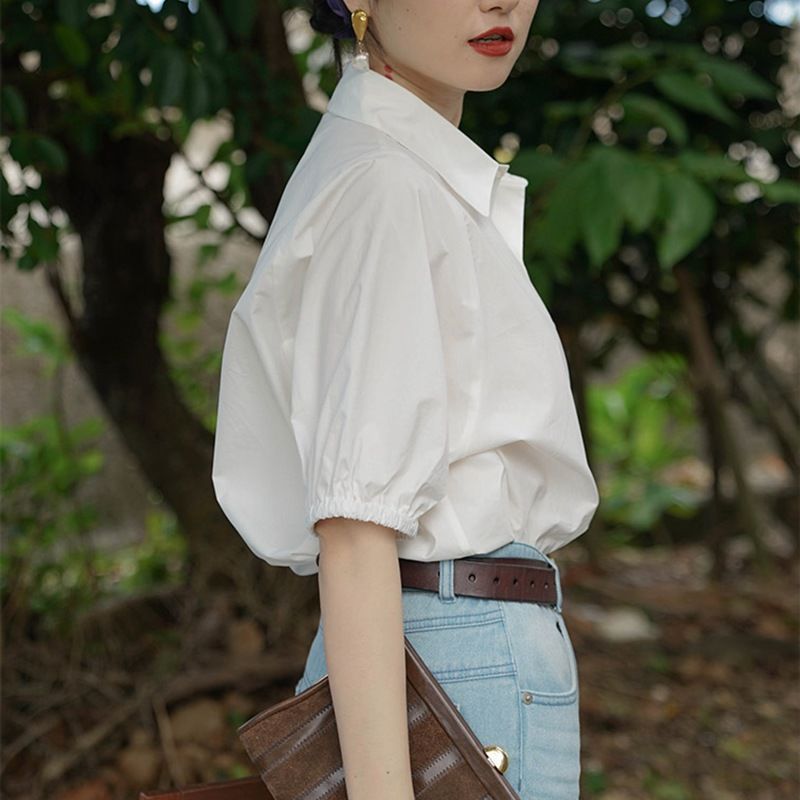 白色衬衫2023夏季韩版新款气质小众特色短袖衬衣复古上衣女速卖通