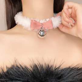 白色铃铛吊坠毛绒choker项圈女颈环蝴蝶结项链脖子配饰秋冬锁骨链