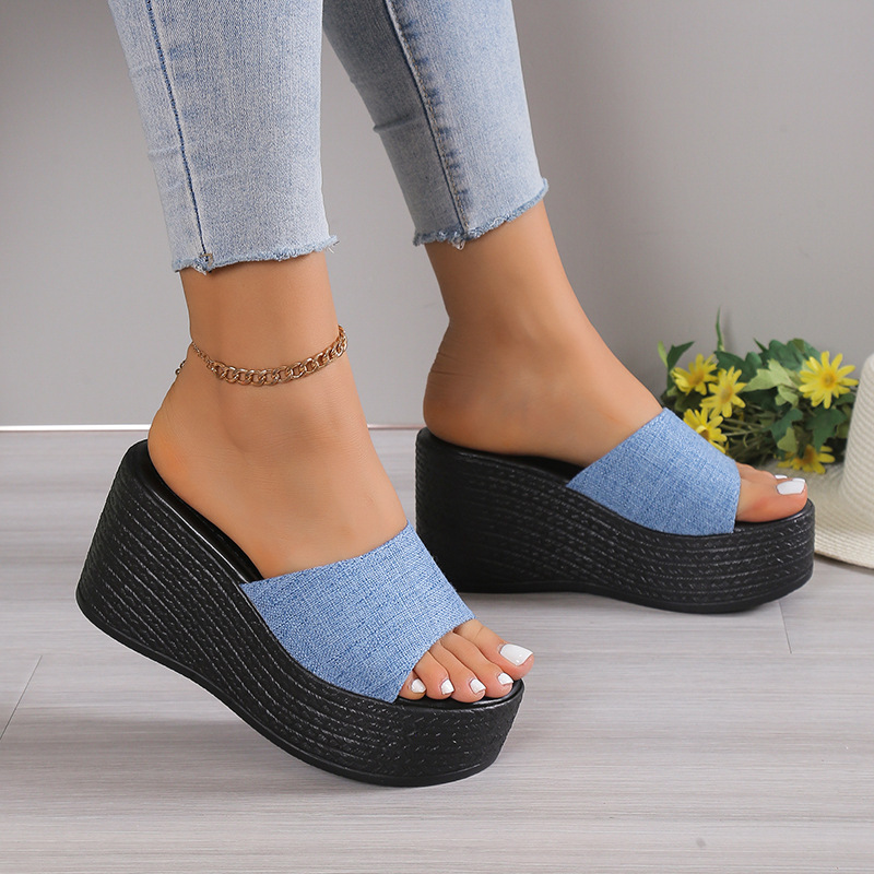 Size 34 European and American Wedge Slippers for Women 2025 Summer Denim Large Size Export Simple Sandals and Slippers Cross-Border Wholesale 43