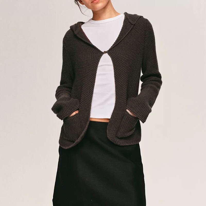 In Stock 2026 New Model Korean Retro Hooded Knit Cardigan for Women, Single-Button Loose Sweater Cardigan with Pockets In Stock 2026 New Model Korean Retro Hooded Knit Cardigan for Women, Single-Button Loose Sweater Cardigan with Pockets