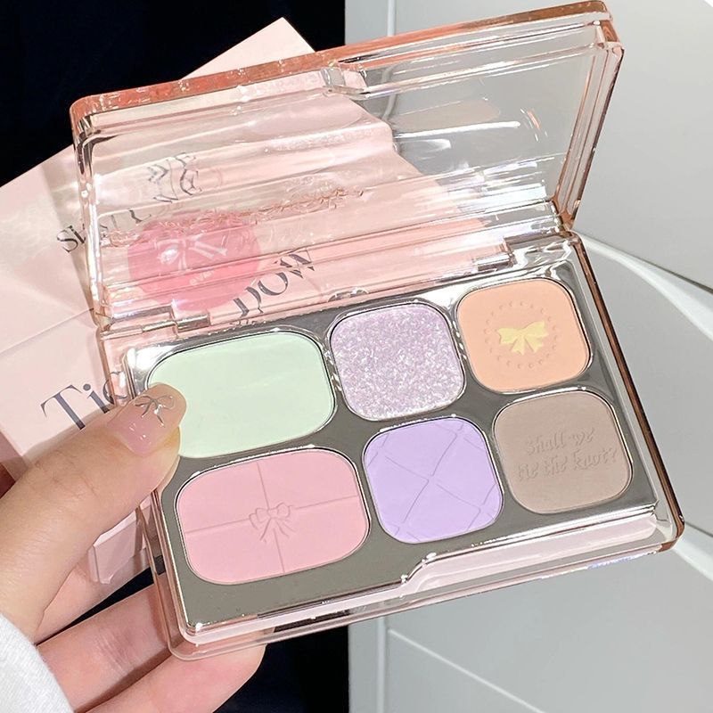 Bandeja de sombra de ojos de seis colores con lazo, rosa gris mate nacarado de baja saturación, rubor de alto brillo de color tierra, maquillaje falso