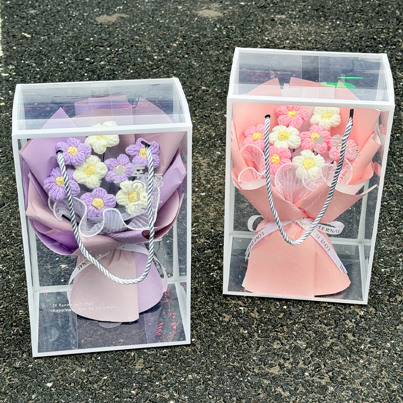 Regalos del día de San Valentín ganchido a mano flor de imitación puff lana ganchido ramo caja de regalo de enfermería para enviar al personal de novia
