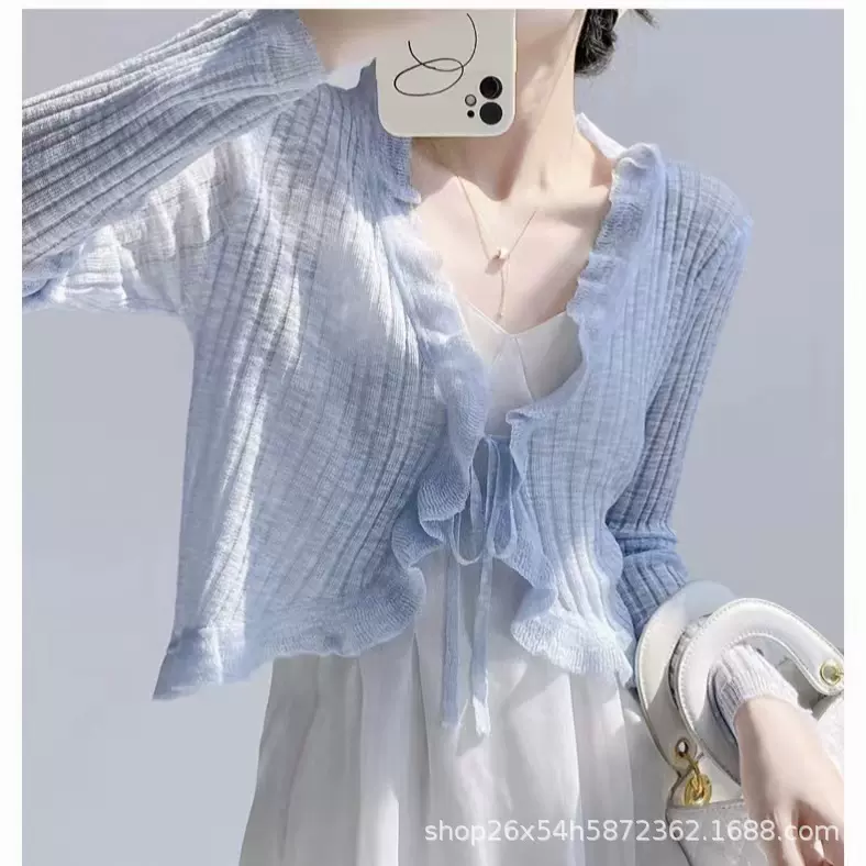 甜美针织夏季超薄透视木耳边外搭开衫女士针织长袖防晒衫上衣开衫