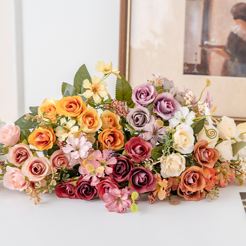 玫瑰花珠串小花束單枝假花仿真花人造花綠植客廳絹花裝飾花擺件花