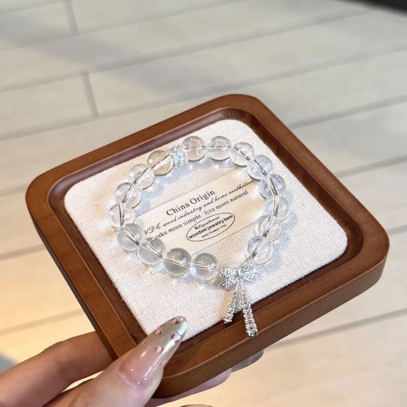 Light Luxury Ice Translucent 10mm White Beaded Bow Ribbon Bracelet for Women Cool and Sweet Bracelet as a Gift for Girlfriend