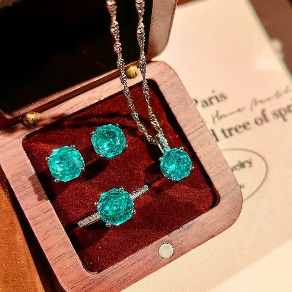 Octagonal Millennium Rose Cut Paraiba Necklace Pendant with High Carbon Diamond, Colorful Diamond Earrings, Yellow Diamond Ring for Women