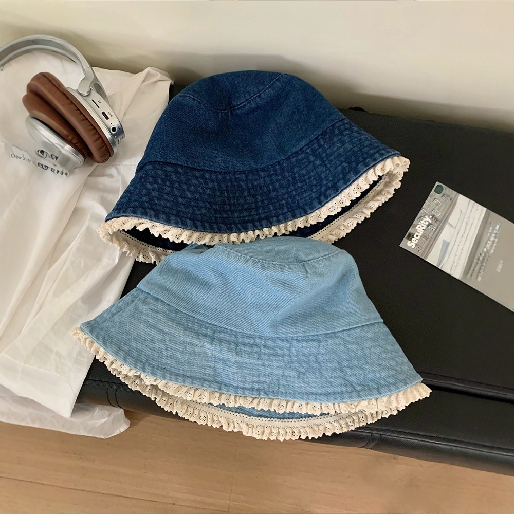 Chapéu de balde em ganga com renda e proteção solar preppy_voghion.com
