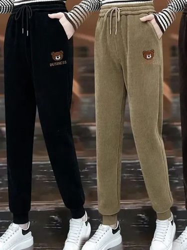 Women's  Autumn/Winter Thicker Fleece Lined High-Waisted Ankle Pants, Slimming Bear Embroidered Corduroy Casual Sports Pants
