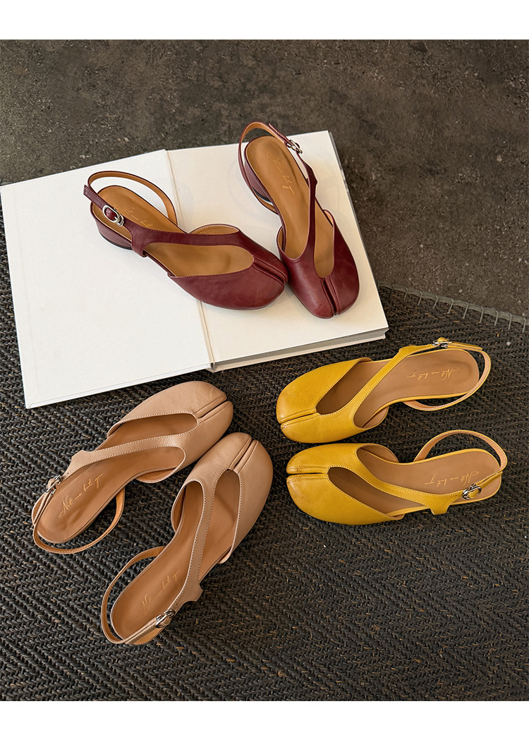 Sandal nữ da trâu chia ngón chân mũi trùm đế bệt — Đỏ (cao 1cm) chi tiết 26