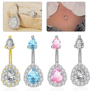 Cross-Border European and American Hot-Selling Copper Inlaid Zircon Water Drop Navel Ring Stainless Steel Piercing Jewelry Navel Nail Navel Ring