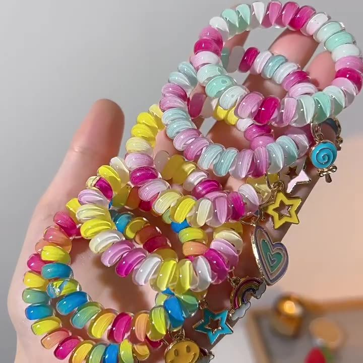 彩虹电话绳发圈女超可爱基础款无痕不伤发头绳简约皮筋女扎头发饰|undefined