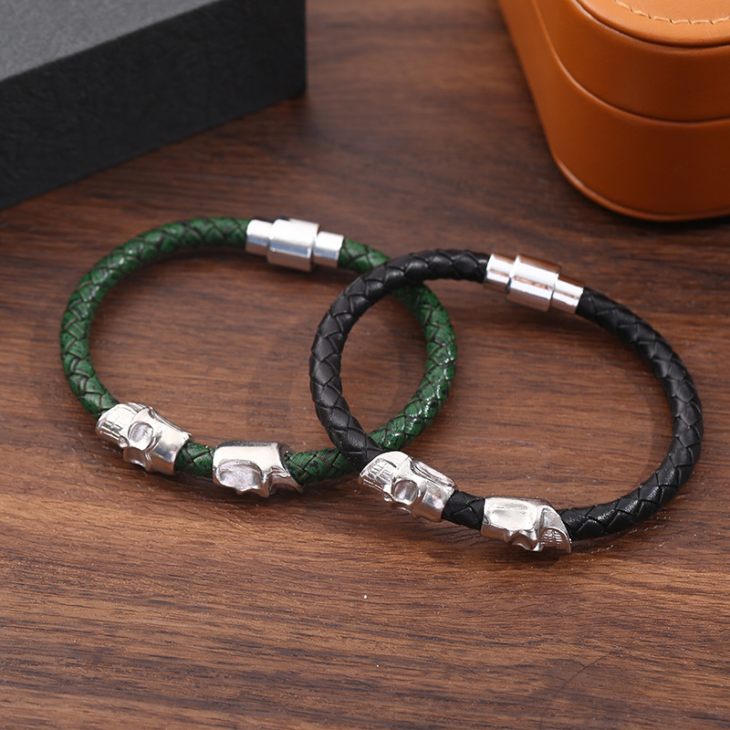 European and American Men's Punk Style Skull Leather Bracelet Amazon Cowhide Ghost Head Bracelet Braided Leather Bracelet Wholesale