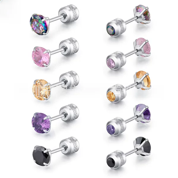 Creative titanium steel two-head drill four-claw color zircon earrings Crystal drill stainless steel fine needle 3A zircon diamond earrings