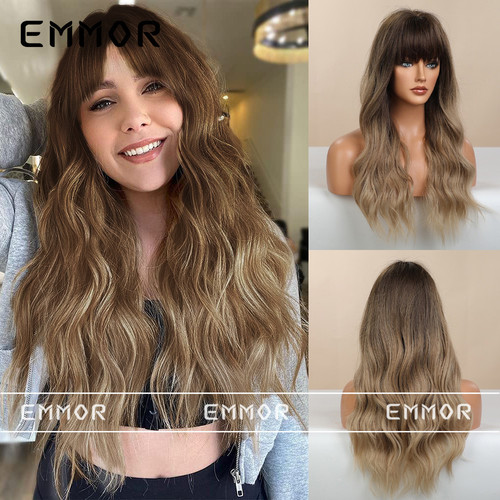 Amazon's best-selling style air bangs big wavy long curly hair gradient brown black brown multi-color European and American wig for women