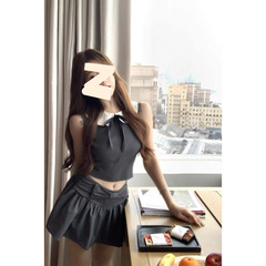 miu系高知穿搭套装撞色娃娃领无袖背心女夏季蝴蝶结半身裙两件套