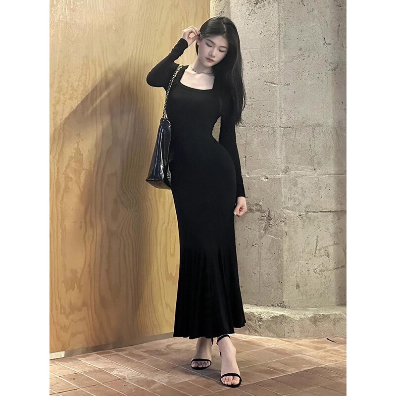 Ins New Long-Sleeved Square Neck Dress for Women in Autumn and Winter Pure Lust Style Sexy Tight Body Tall Long Fishtail Skirt
