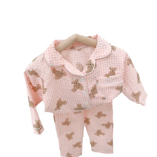 Little Girl's Checkered Homecoming Set with Bear Print Bubble Check Cotton Two-Piece Autumn Pajamas for Boys and Children Leisure