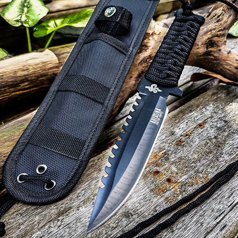 Single-Sided Large Serrated Outdoor Adventure Hunting Knife with Full Non-Slip Paracord Handle, Multiple Hanging Holes, Nylon Sheath, Camping Emergency Knife