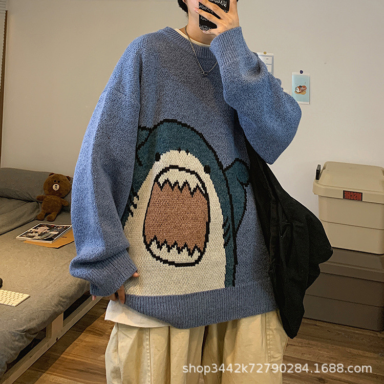 Autumn and Winter Cartoon Shark Crewneck Sweater Men's Trendy Brand Loose Korean Style Knitted Sweater ins Hong Kong Style Top Autumn and Winter Cartoon Shark Crewneck Sweater Men's Trendy Brand Loose Korean Style Knitted Sweater ins Hong Kong Style Top