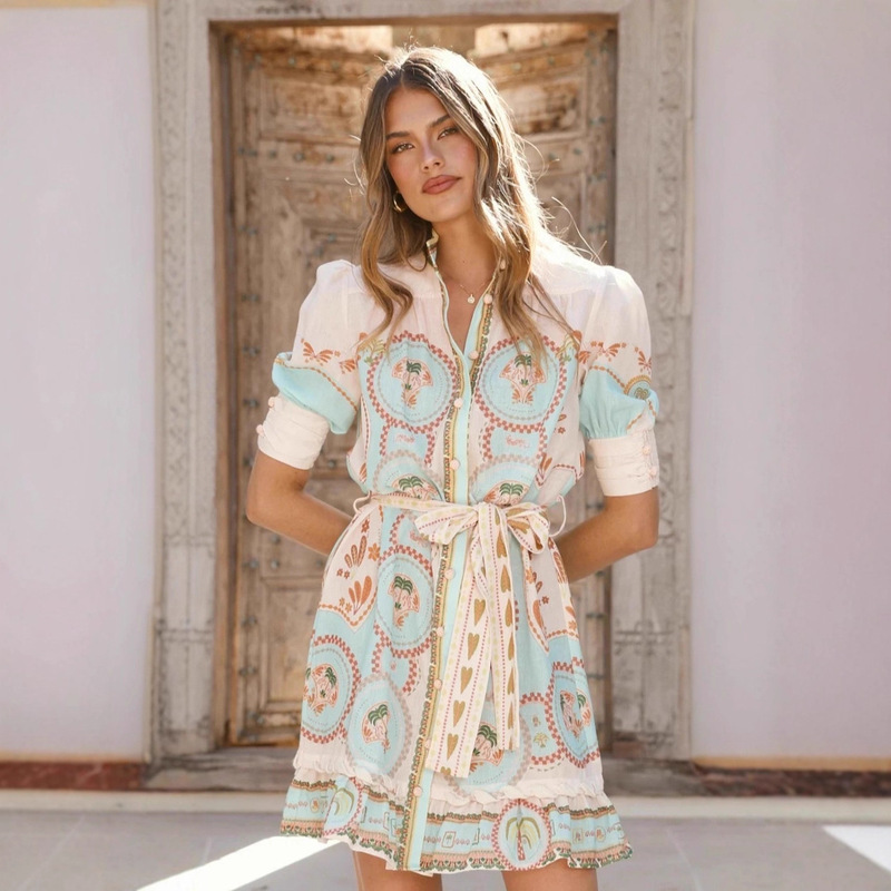 Cross-Border Amazon 2025 Women's Popular European and American Aliexpress Linen Floral Print Lace-Up Short-Sleeved Dress for Women Cross-Border Amazon 2025 Women's Popular European and American Aliexpress Linen Floral Print Lace-Up Short-Sleeved Dress for Women