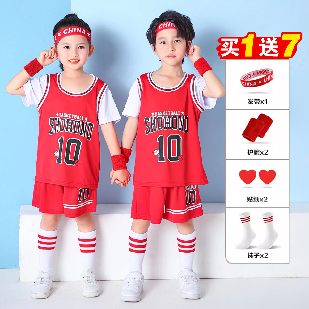 Trajes de baloncesto infantil falsificados al por mayor de dos piezas trajes deportivos fitness de manga corta logotipo de primavera y verano transpirable secado rápido