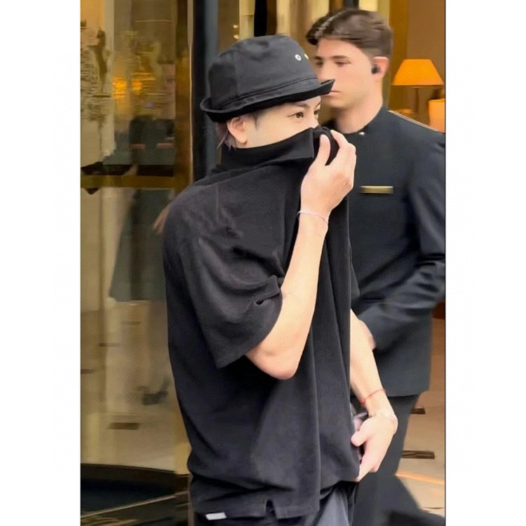 Premium Black Jackson Wang Same Style Team Wang Towel Texture Solid Color Polo Short-Sleeve T-Shirt Unisex