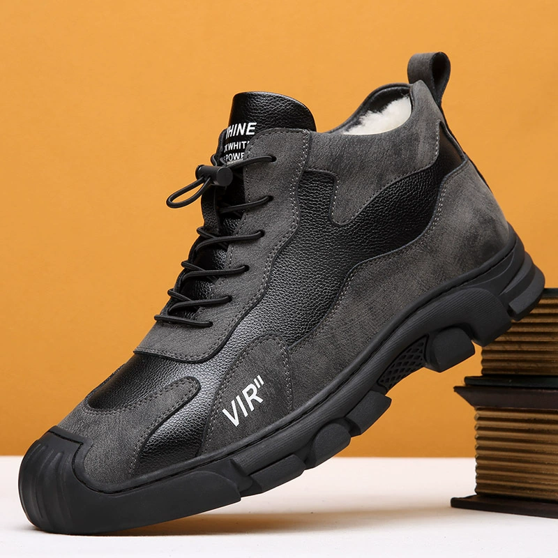 Мужские зимние хлопковые ботинки из натуральной кожи и шерсти, нескользящие, теплые, высокие, повседневные уличные ботинки, хлопковые сапоги, на толстой подошве, увеличивающие рост.