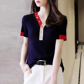 2021冰丝针织衫女短袖夏季薄款撞色v领弹力条纹t恤套头显瘦上衣潮