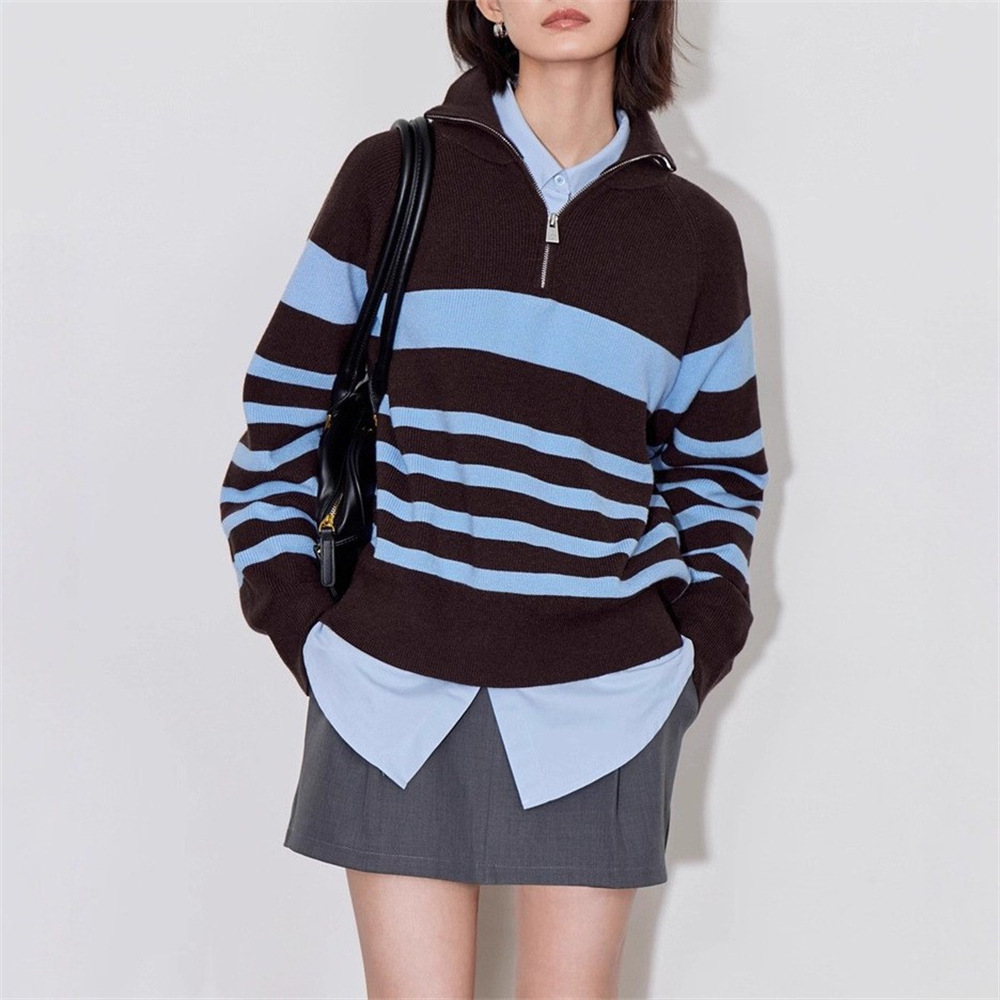 Stripes de contraste semia cremallera con solapa overhead suéter de invierno para mujeres de otoño y invierno para usar ropa de punto de reducción de edad suelta image 1