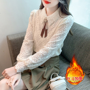 fleece-lined Thickened Base Chiffon Shirt Women's Spring and Autumn 2024 Autumn New Styline Lace Shirt Top