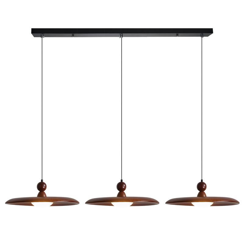 Lámpara colgante de estilo vintage para restaurante con tres cabezas de madera de nogal, lámpara colgante de barra de madera maciza retro UFO de diseño creativo 668L.
