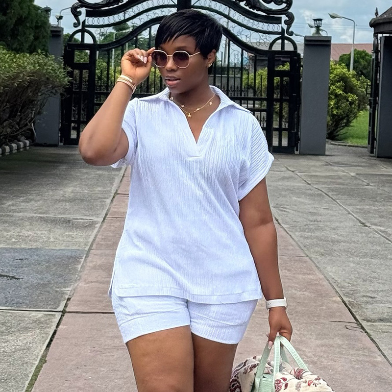 European and American Women's Clothing 2025 New Autum Sweet and Fresh V Neck Bat Sleeve T-Shirt High Waist Straight Shorts Two-Piece Set