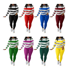 D9698亚马逊欧美热卖女装 时尚个性条纹定位印花圆领长袖长裤套装