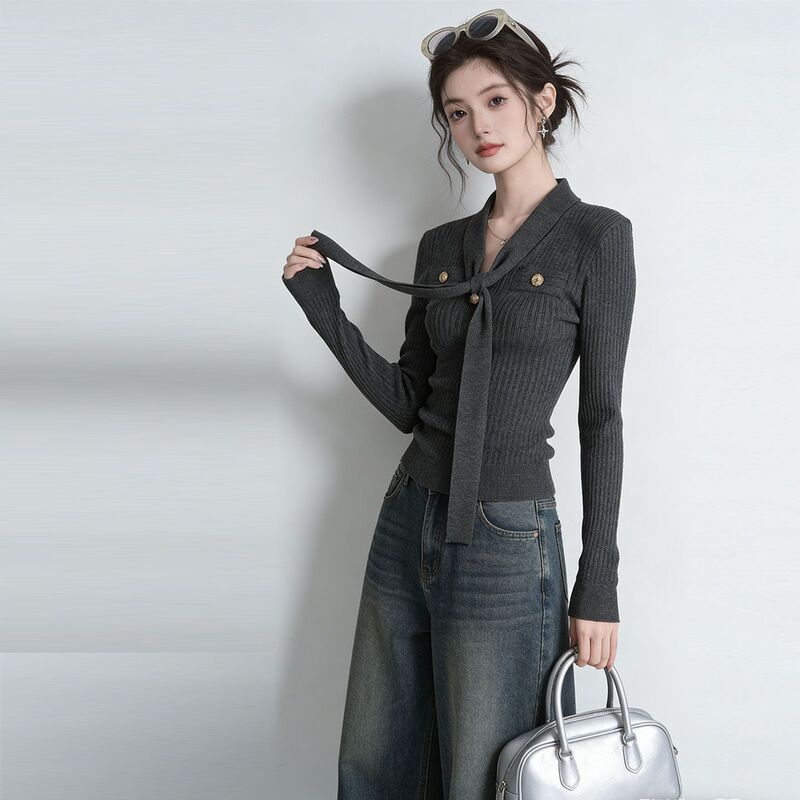 Autumn and Winter Retro Lazy Gray V-Neck Ribbon Knit Base Shirt for Women, Slim-Fit Long-Sleeve Top, Niche Style Autumn and Winter Retro Lazy Gray V-Neck Ribbon Knit Base Shirt for Women, Slim-Fit Long-Sleeve Top, Niche Style