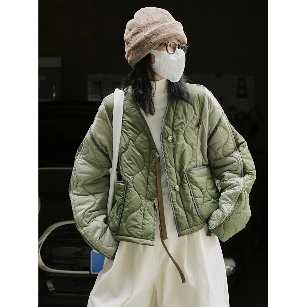冬季新款日系街头设计感撞色棉服宽松显瘦廓形轻便休闲保暖外套女