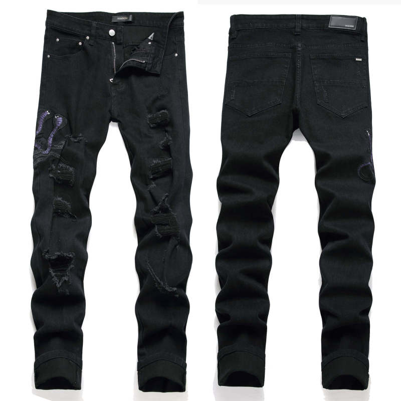 AM foreign trade European and American high street Men's Youth Black ripped Cobra embroidered stretch trendy skinny jeans 3523 AM foreign trade European and American high street Men's Youth Black ripped Cobra embroidered stretch trendy skinny jeans 3523