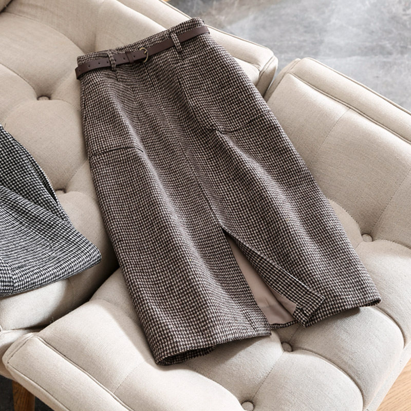 Chân váy nữ ca rô houndstooth cạp cao xẻ tà dáng ôm tôn dáng — Ca rô, Màu xám