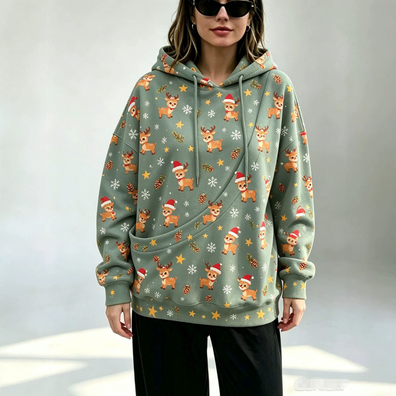 Christmas-themed all-over print sweatshirt, women's loose-fit hoodie with large side pockets, perfect for holiday parties Christmas-themed all-over print sweatshirt, women's loose-fit hoodie with large side pockets, perfect for holiday parties