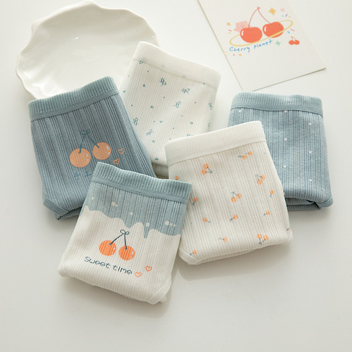 Sweet Cherry Cotton Panties Women's Threaded Soft Breathable Cotton Crotch Briefs Mid-Waist Student Shorts Girls