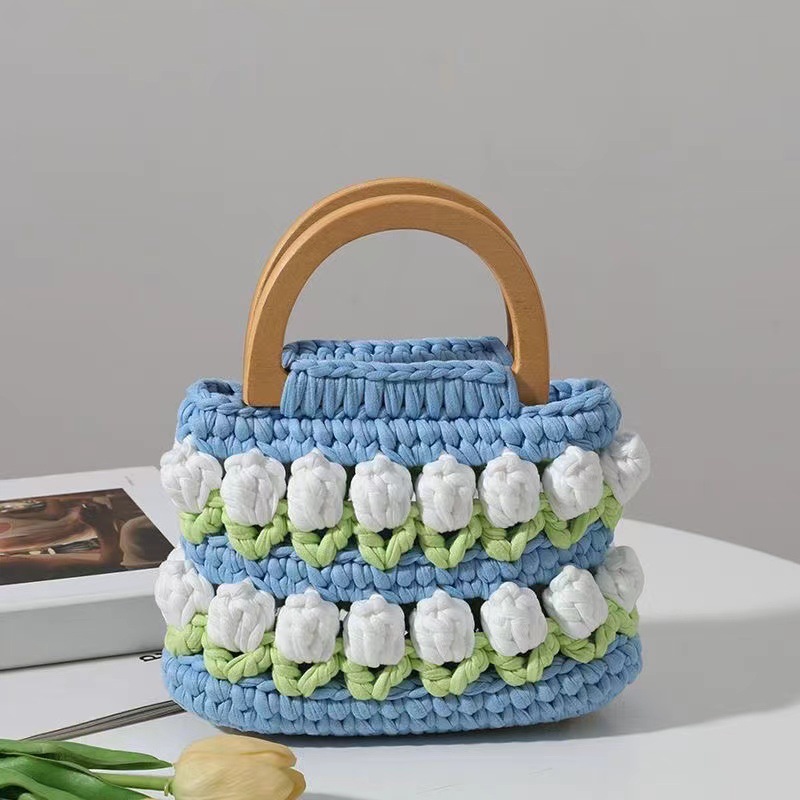 Bolsa de tejido DIY hecha a mano, bolsa de Tulip, tela casera, línea de ganchillo, bolsa de material DIY