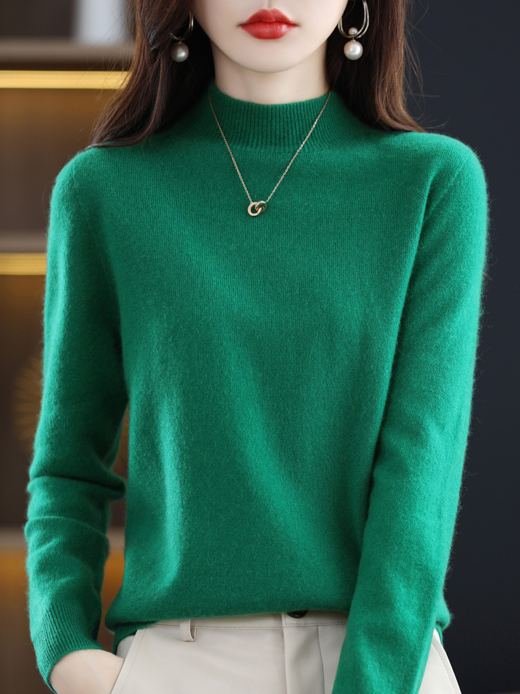 [Compra exclusiva] medio cuello alto sin costuras 100 suéter de lana de primera línea de las mujeres listo para usar camisa de fondo Jersey suéter de cachemira
