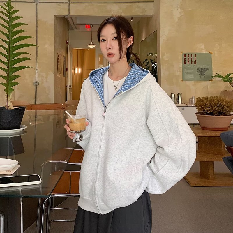美式高街双面穿千鸟格外套女春秋cleanfit情侣宽松开衫连帽卫衣潮|undefined