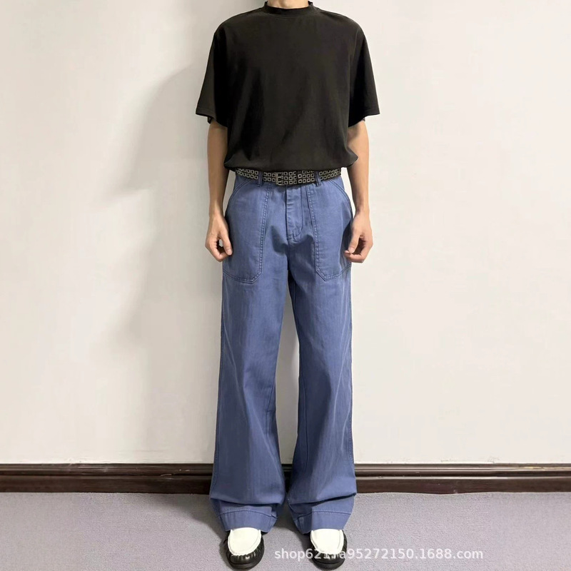 Work Pants Baggy Style Commuting Straight Wide-Leg Jeans Blue Vintage Cleanfit