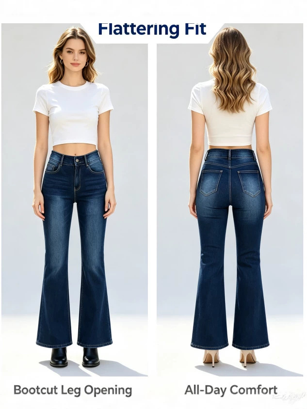 Jeans Acampanados de Tiro Alto para Mujer de Mezclilla Elástica, Ligeramente Elásticos, para Uso Diario